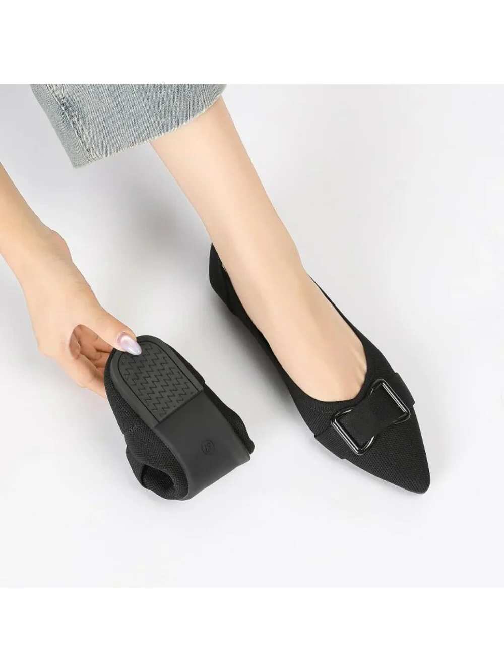 Women's Dark Black Comfortable Knit Ballet Flats Shoes Pointed Toe Dress Shoes